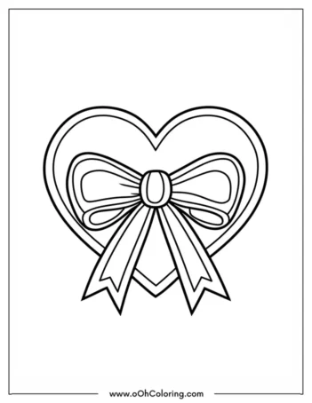 A coloring page of a heart with a decorative bow