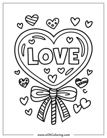 Coloring page of a heart with LOVE text and a bow, surrounded by smaller hearts
