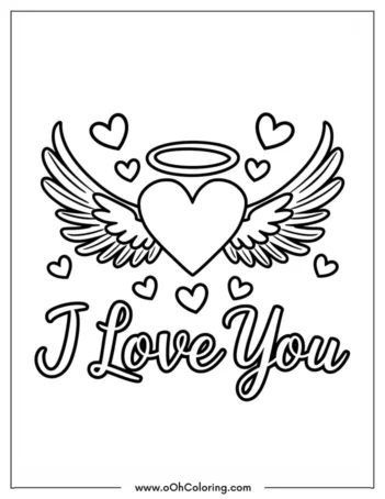 A coloring page of a heart with wings and a halo, with smaller hearts around it and the text 'I Love You'.