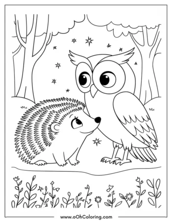 A coloring page of a hedgehog looking at an owl in a forest