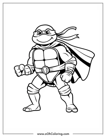 A coloring page of a turtle character with a cape