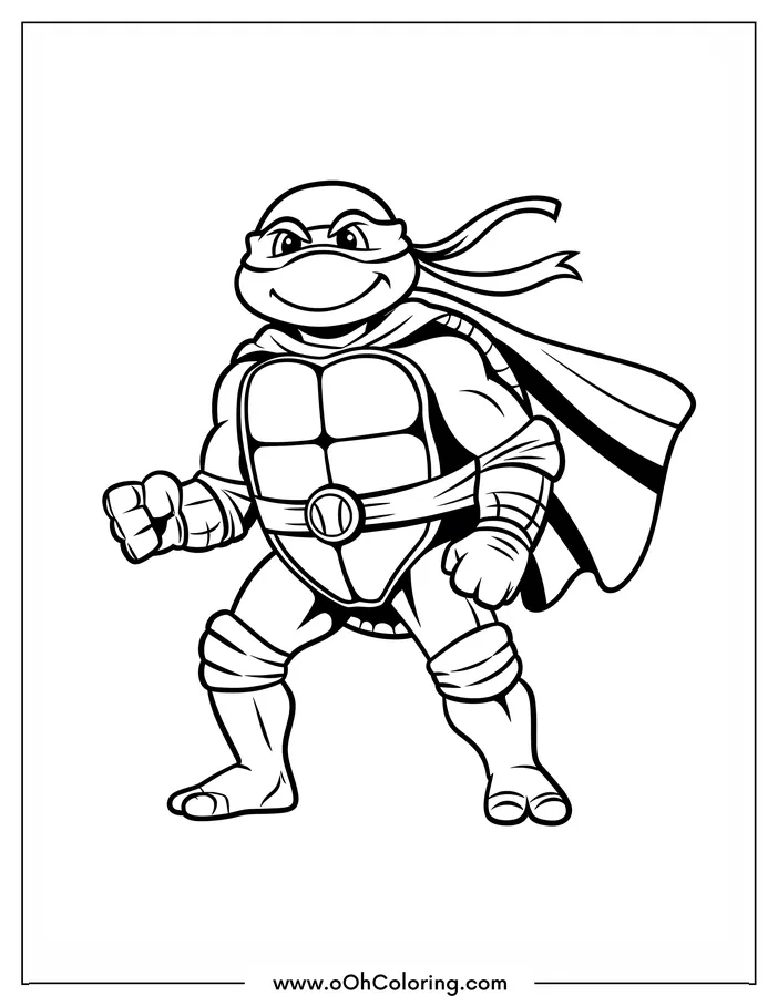 A coloring page of a turtle character with a cape