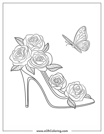 A coloring page of a high heel shoe decorated with roses and a butterfly nearby