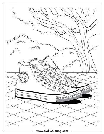 A coloring page of high-top sneakers outdoors