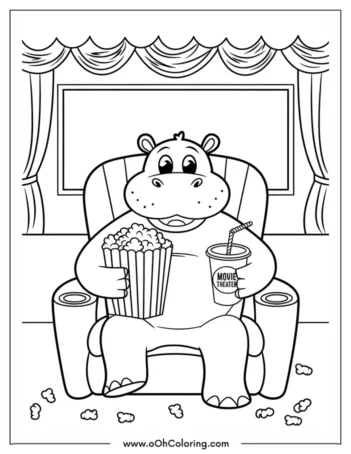 A coloring page of a hippo sitting in a movie theater with popcorn and a drink.