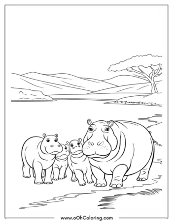 A coloring page of a hippo family walking by a river