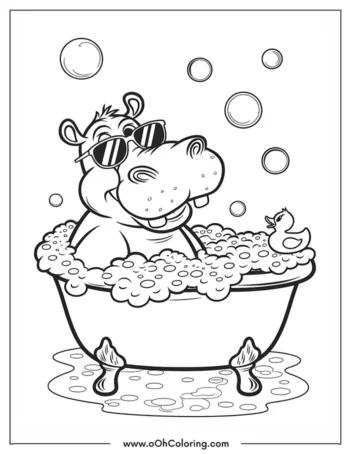 A coloring page of a hippo in sunglasses taking a bubble bath with a rubber duck