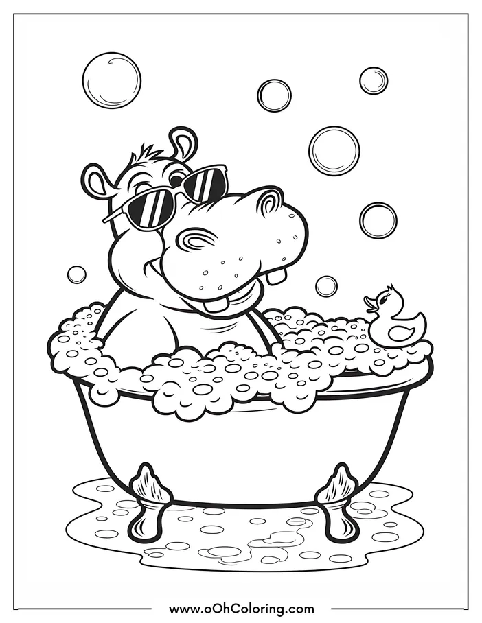 A coloring page of a hippo in sunglasses taking a bubble bath with a rubber duck
