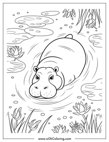 A coloring page of a hippo swimming in a pond with water lilies