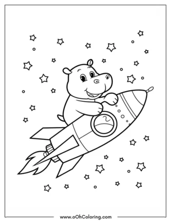 A coloring page of a smiling hippo riding a rocket with stars around