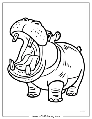 A coloring page of a hippo with its mouth wide open