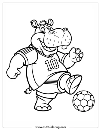 A coloring page of a hippo in a jersey kicking a soccer ball