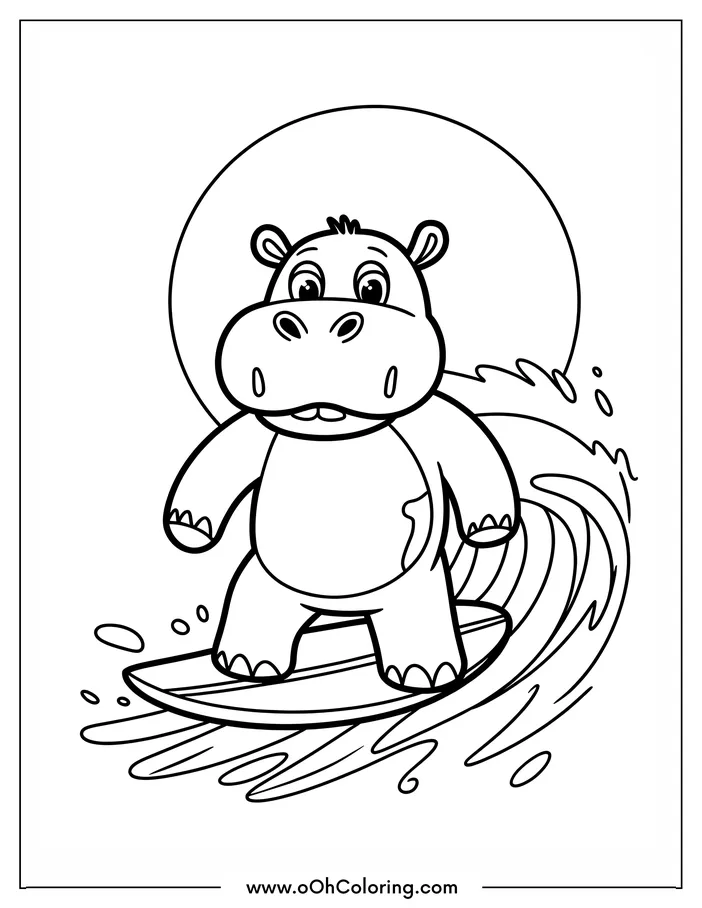 A coloring page of a hippo surfing on a wave