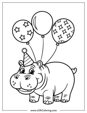 A coloring page of a happy hippo with a party hat and balloons