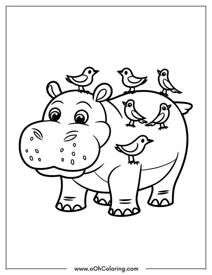 A coloring page of a happy hippo with birds on its back
