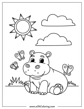 A coloring page of a hippo with butterflies and sun