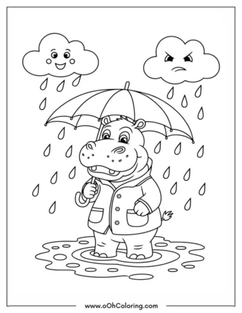 A coloring page of a hippo with an umbrella and clouds in a rain scene