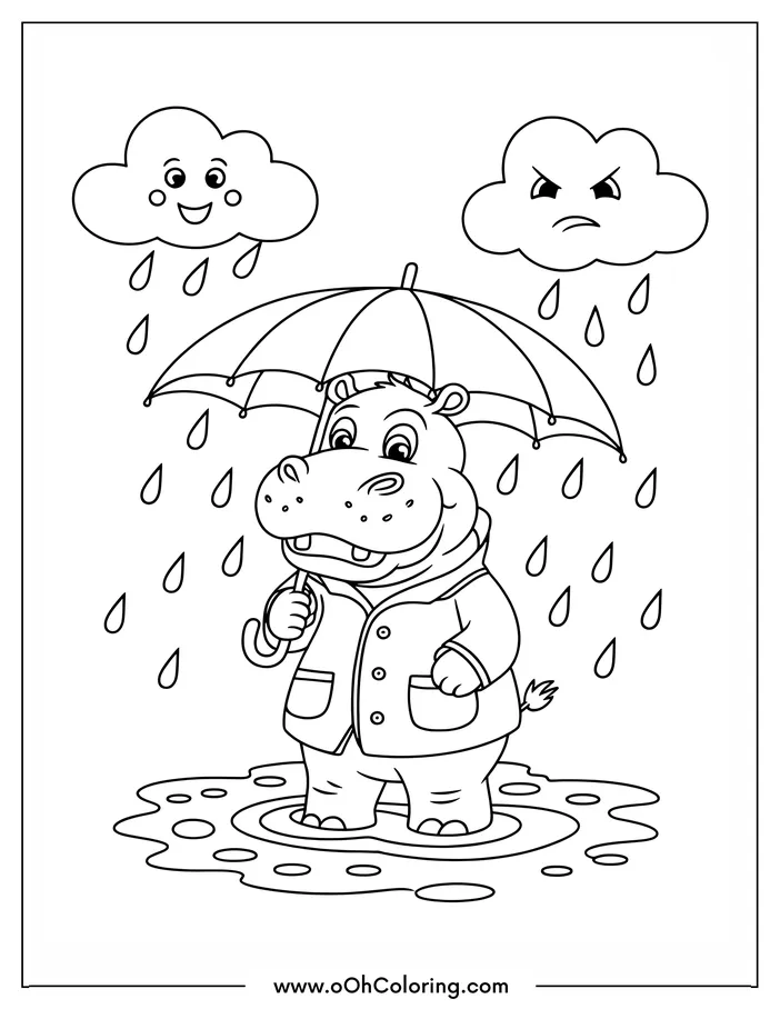 A coloring page of a hippo with an umbrella and clouds in a rain scene
