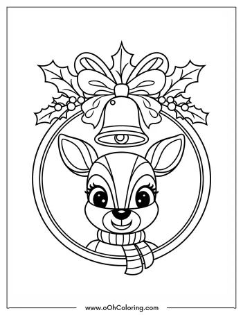 Festive coloring page with a deer, holly, and bell.