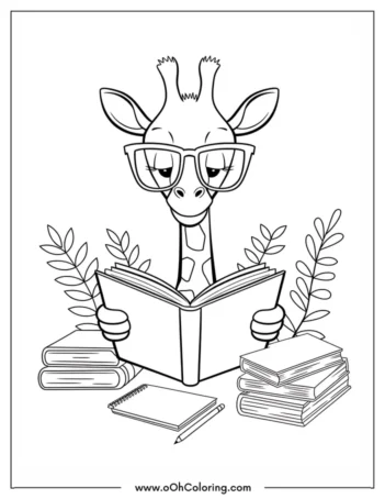 A coloring page of a giraffe with glasses reading a book