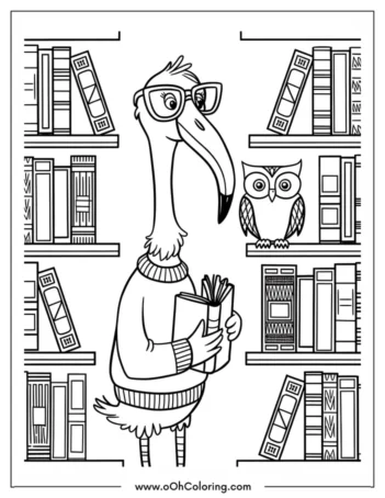 A coloring page of a bird with glasses holding a book, surrounded by bookshelves