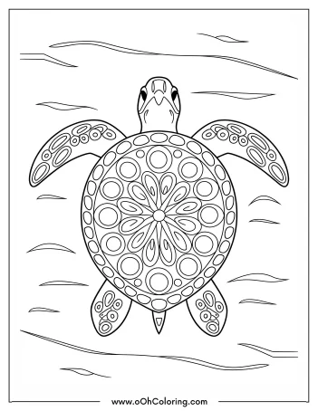 A coloring page of a turtle with detailed shell patterns
