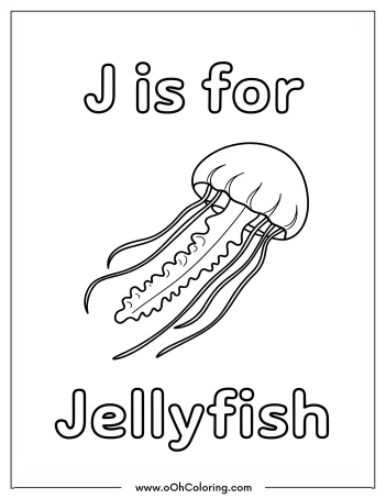 Coloring page of the letter J with a jellyfish illustration