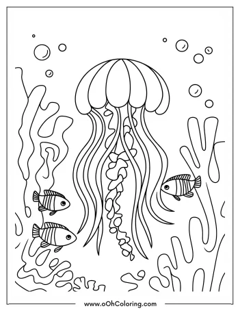 A coloring page of a jellyfish with small fish in an underwater setting
