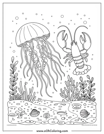 A coloring page of a jellyfish and a lobster underwater with sea plants and shells.