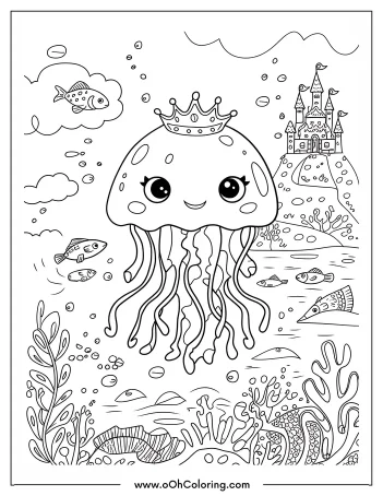 Coloring page of a jellyfish with a crown in an underwater scene