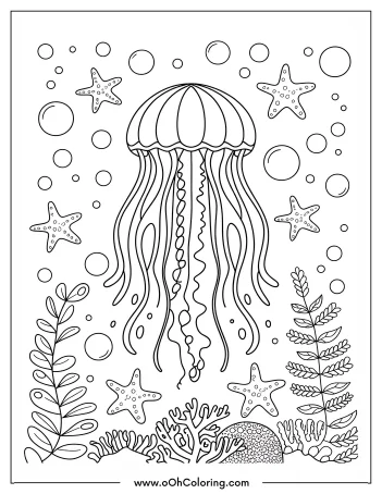 Coloring page of a jellyfish with starfish and seashells