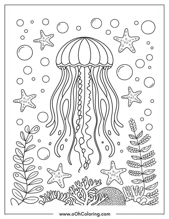 Coloring page of a jellyfish with starfish and seashells