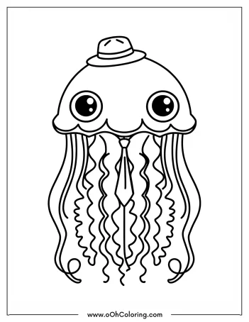 A coloring page of a jellyfish wearing a hat and tie