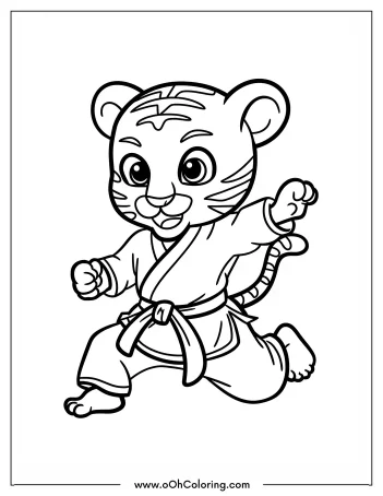 Tiger cub in karate outfit posing energetically for coloring.
