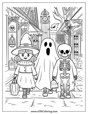 A coloring page of three children wearing Halloween costumes: a witch, a ghost, and a skeleton.