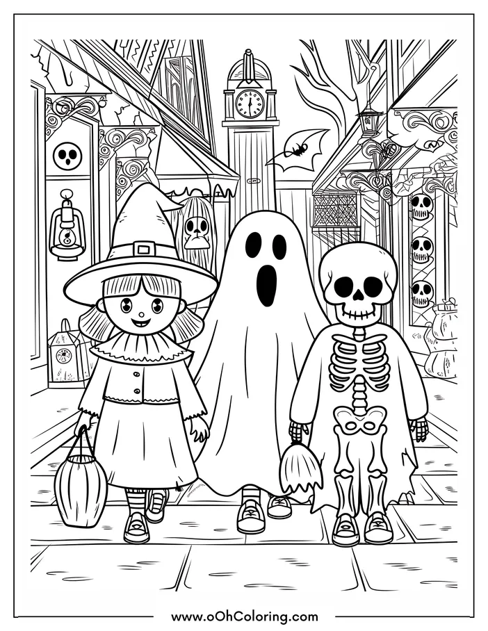 A coloring page of three children wearing Halloween costumes: a witch, a ghost, and a skeleton.