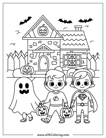 Coloring page of children in Halloween costumes in front of a haunted house.
