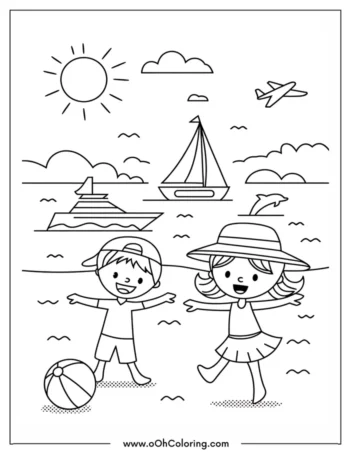 Coloring page of two kids at the beach with a sailboat and a cruise ship.