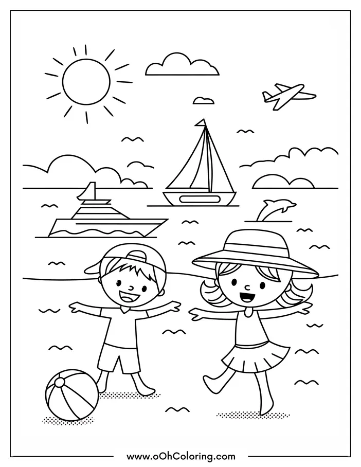 Coloring page of two kids at the beach with a sailboat and a cruise ship.