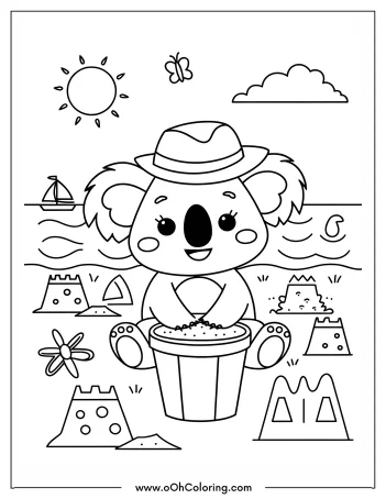 Coloring page with a koala, sandcastles, sun, clouds, and a butterfly at the beach.