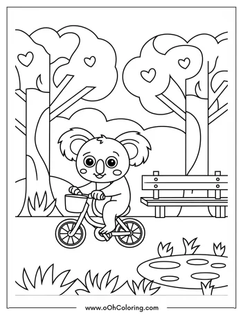 Koala riding a bicycle in a park with trees, a bench, and a pond.