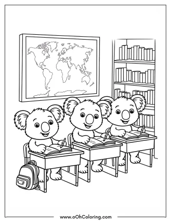 Three koalas at desks in a classroom with a world map and bookshelves.