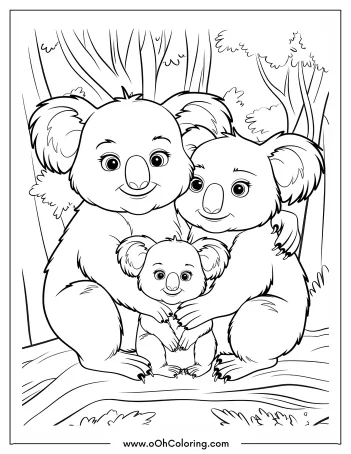 Coloring page of a koala family sitting together in a forest.