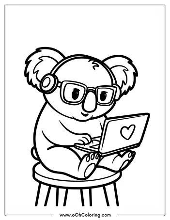 Koala wearing glasses and headphones sitting on a stool using a laptop.
