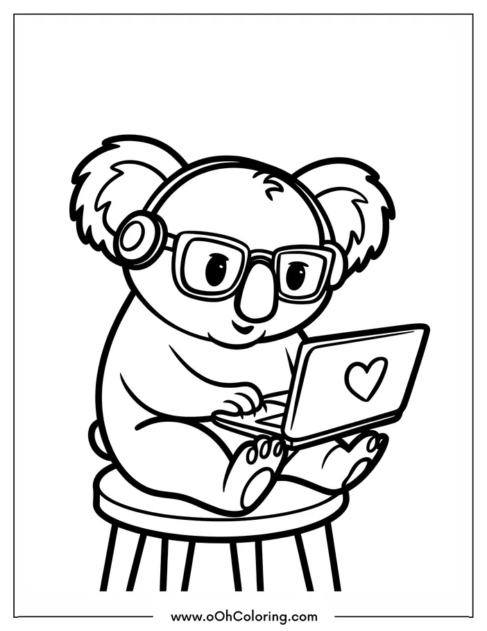 Koala wearing glasses and headphones sitting on a stool using a laptop.