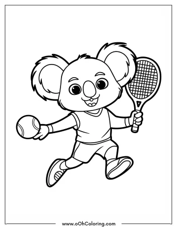 Koala playing tennis with a racket and ball coloring page.