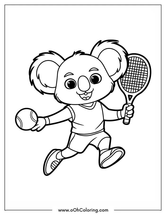 Koala playing tennis with a racket and ball coloring page.