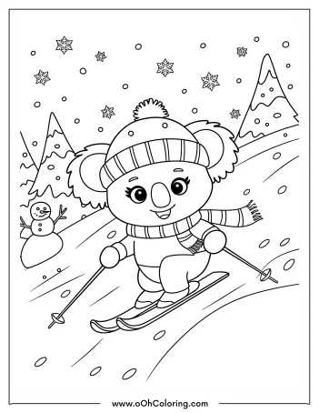 A cute koala skiing down a hill with a snowman and trees in the background.