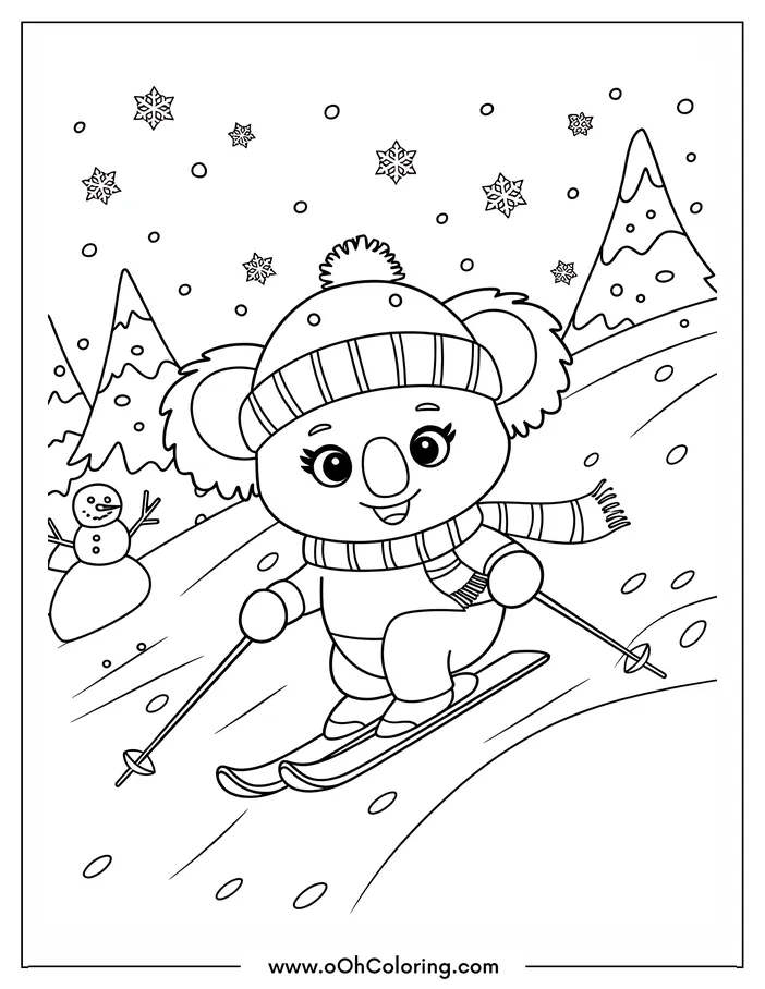A cute koala skiing down a hill with a snowman and trees in the background.
