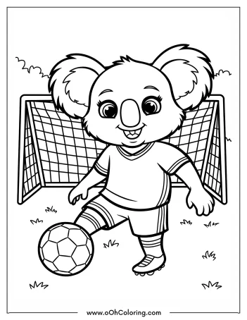 Koala cartoon character playing soccer in front of a goal.
